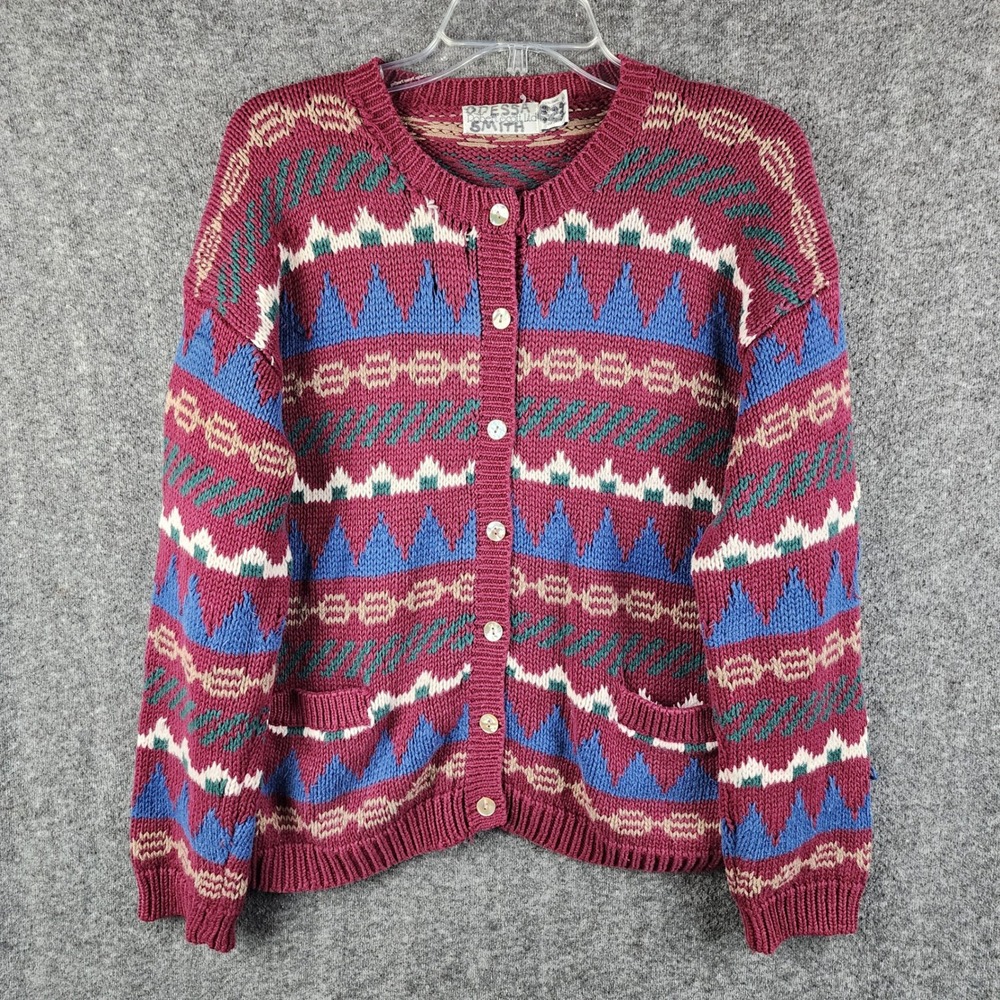 Robert Scott Ltd Cardigan Women M Geometric Fair Isle Burgundy Button Down GOOD